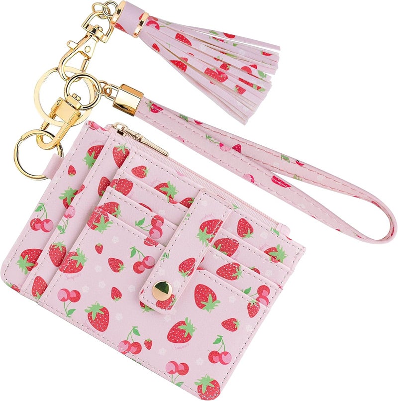 KNGITRYI Small Wristlet Wallets for Women RFID Credit Card Holder Wallet Keychain Wristlet Wallet Credit Card Wallets for Women (Strawberry) - Image 1
